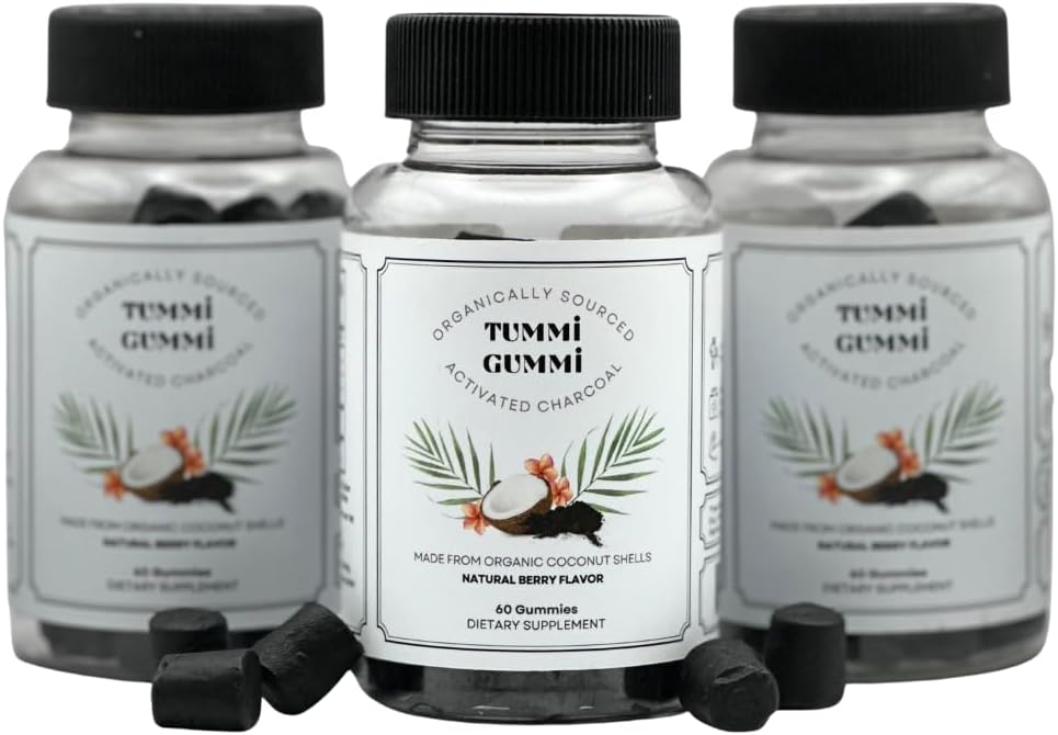 Gummie di carbone organiche attivate, Gomma di carbone per bambini e adulti, Salute digestiva, Rilievo del gas e della carne, Detox, Natural Berry Flavor, 60 Conte