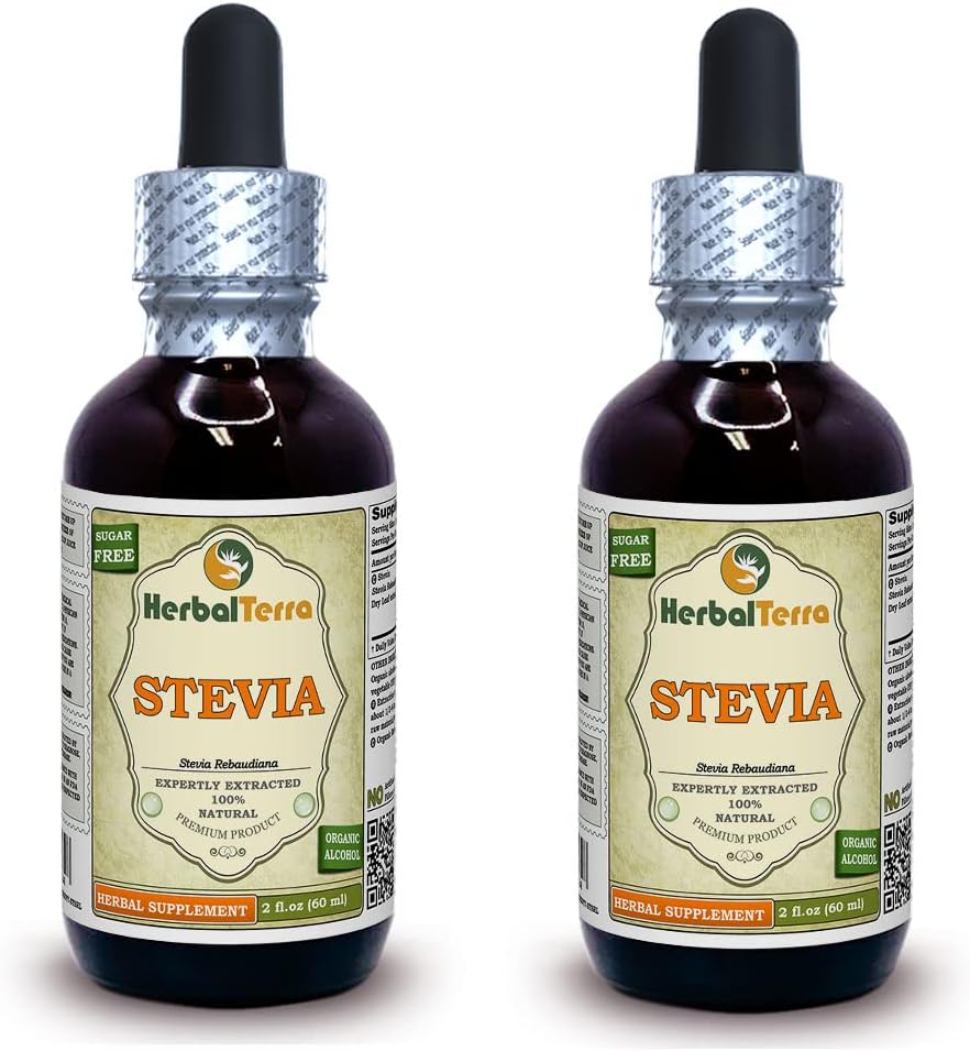Stevia (Stevia Rebaudiana) Tintura, Estratto di liquido di foglie secche organiche (Nome: HerbalTerra, Proudly Made in USA) 2x2 fl.oz (2x60 ml)