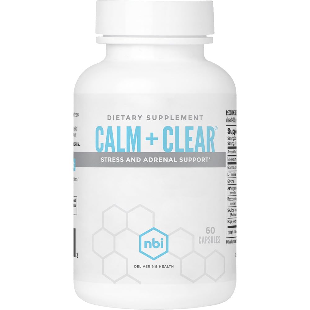 NBI Calm + Clear Mood and Focus Support | Stress naturale e supporto adrenale con Magnesio, GABA, Ashwagandha, L-teanina, Glycine, Bacopa, Skullcap e Hops Powder | 60 Count Capsule