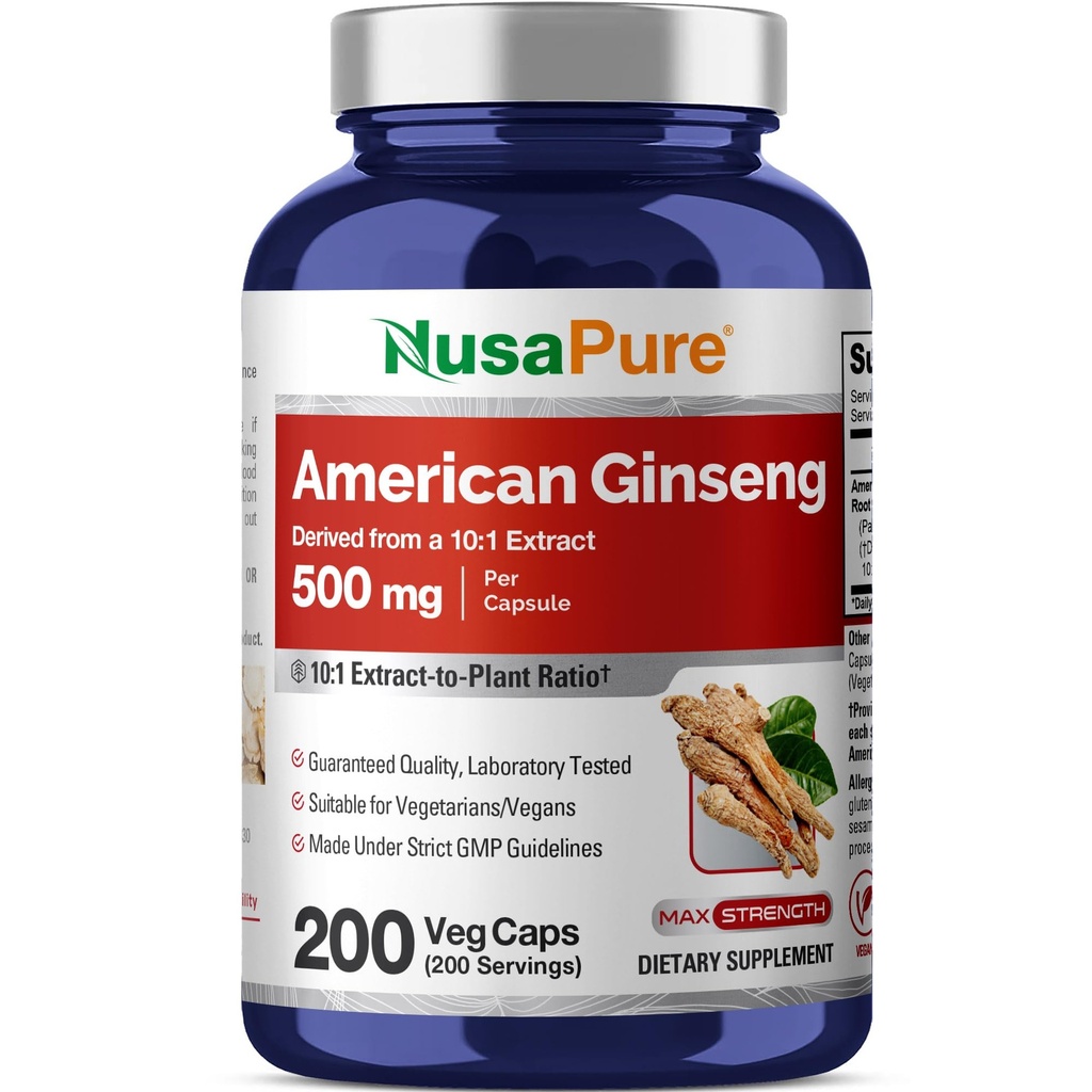 NusaPure American Ginseng 10:1 Extrakt, 500 mg Äquivalent zu 5000mg - 200 Veggie Kapseln (Vegetarisch, Non-GMO, Vegan)