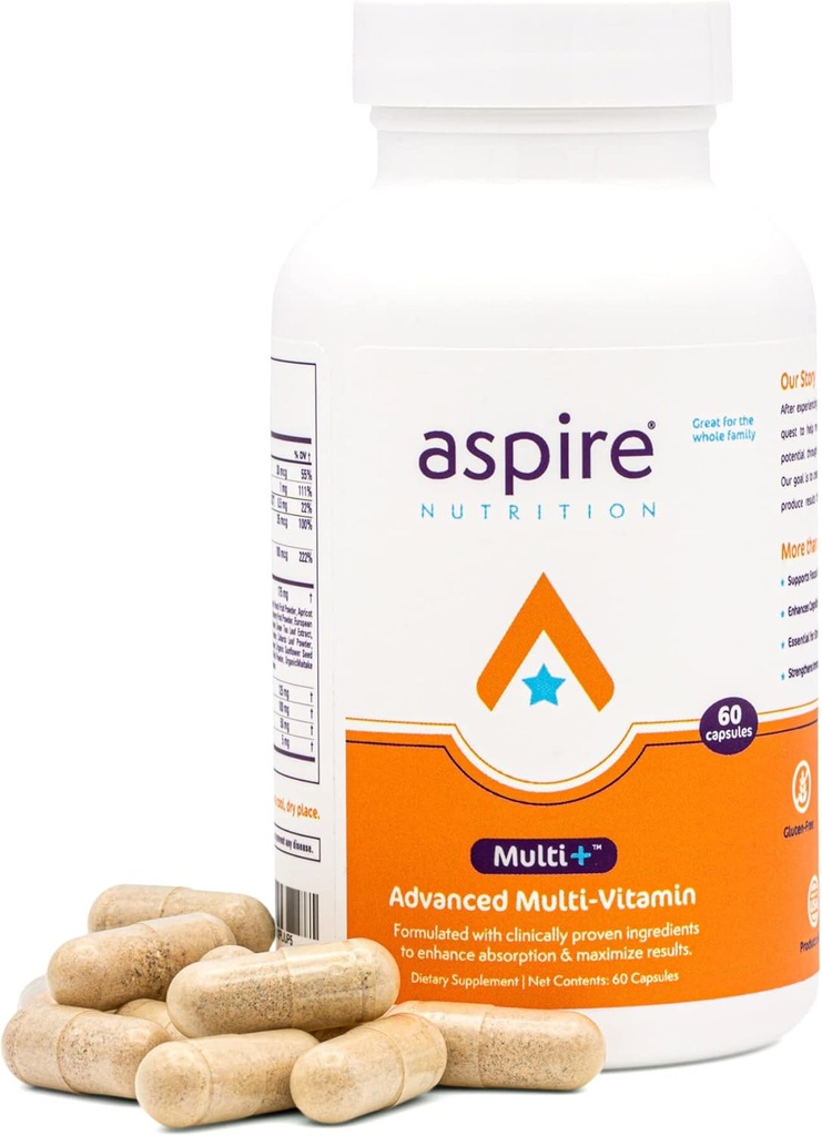 Aspire Multi+TM Multivitaminico Avanzato per Uomini, Donne & Bambini - Miglior Supplemento per Focus, Attenzione, Memoria, Mood. Nutrienti Più Assorbenti, Minerali e Vitamine - Tutto Naturale