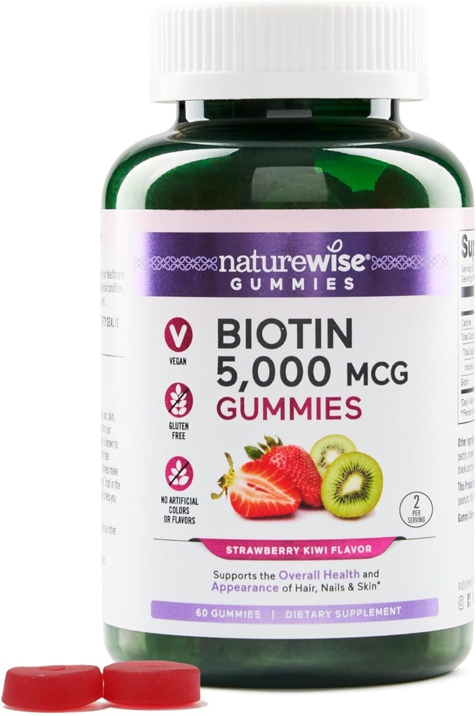 NatureWise Biotin Gummies - Unterstützt gesundes Haar, Haut und starke Nägel - Vitamin B7 5000mcg - Natürliche Schönheit - Erdbeer-Kiwi Flavor - Vegan, Non-GMO, Glutenfrei - 60 Count[30 Day Supply]