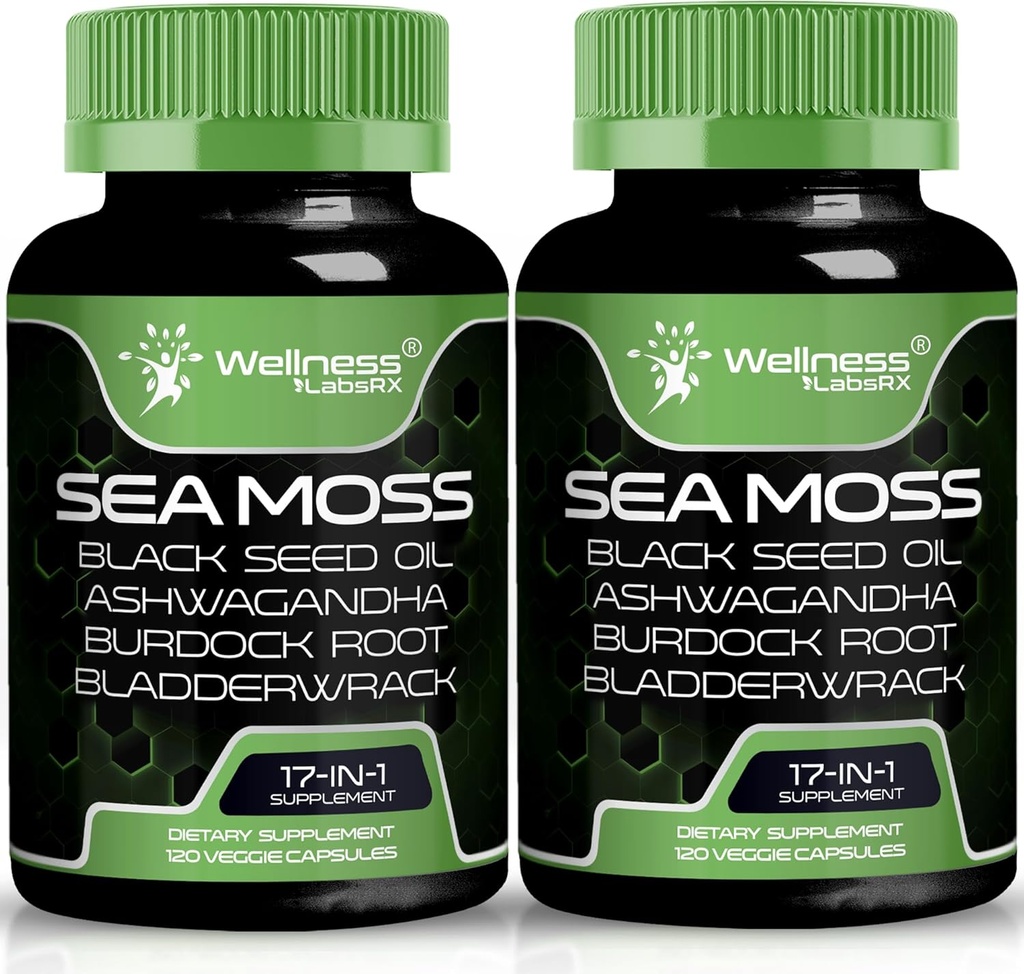 Estratto di caffè verde, 17-in-1, Seamoss Black Seed Oil, 240 Count, Ashwagandha Burdock Root Organic Bladderwrack Capsule | Organic Sea Moss Advanced, Immune and Blood Pressure Support - 2 Pack