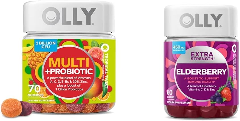 OLLY Adult Multivitamin Gummy con Probiotici, 1 miliardo di CFU, 70 Conte e Gummie di Elderberry Extra Forza, Supporto Immune, 450mg, 60 Count