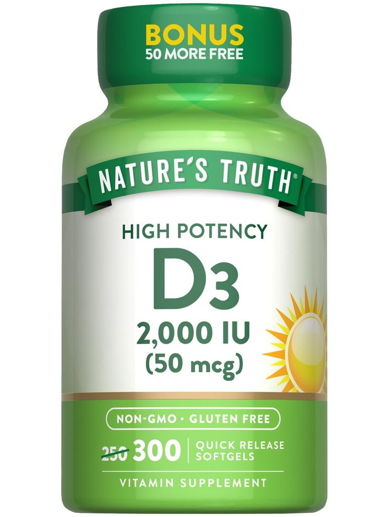Nature's Truth Vitamin D3 2000 IE | 300 Softgels | High Potency Formula | Non-GMO & Gluten Free Supplement