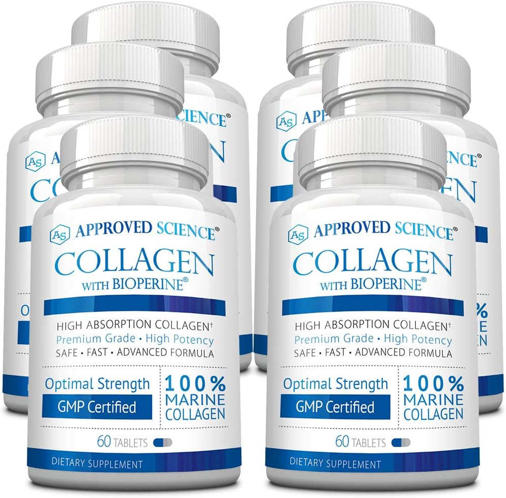 Pilules de collagène approuvées - Collagène marin absorbant types I et III - 360 comprimés - Cheveux et peau sains - Vitamine C, sodium et biopérine pour des résultats rapides - Non-OGM, fabriqué aux États-Unis