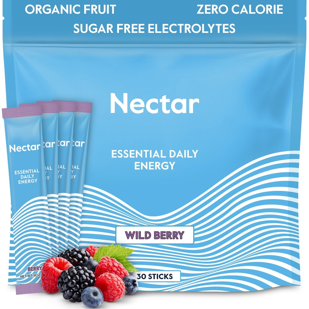 Nectar Energy Booster - Organic Caffeine, B12 & Elektrolyte - Sugar Free & Zero Calorie – Healthy Coffee, Energy Drink & Soda Alternative – Hydration & Energy Supplement (Berry 30 Powder Packets)