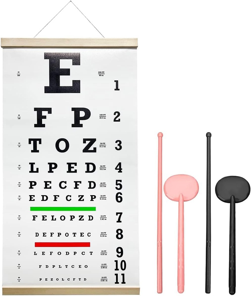 Snellen Eye Chart,Eye Chart,Snellen Eye ExamSnellen Eye Chart Pocket Eye Exam Kit avec Occlueurs d'oeil mignons 20 pieds Optical Eye Test réutilisable en bois cadre toile Eye Chart pour les enfants et les adultes