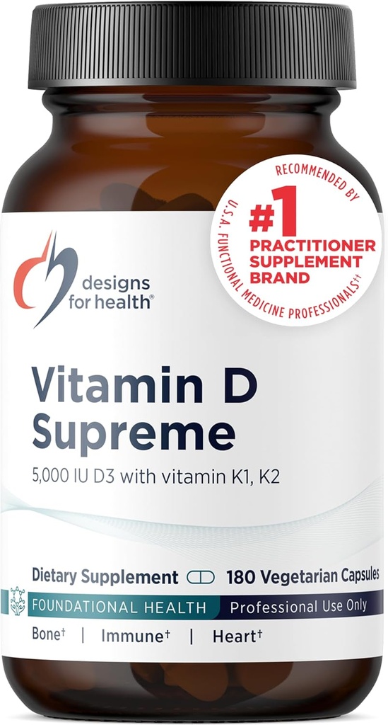 Designs für Gesundheit Vitamin D Supreme - Vitamin D 5000 IU mit 2000mcg Vitamin K als MK4 für Knochengesundheit, Herzgesundheit, Stimmung & Immununterstützung - Vitamin D3 Enhanced with GG Supplement (180 Kapseln)