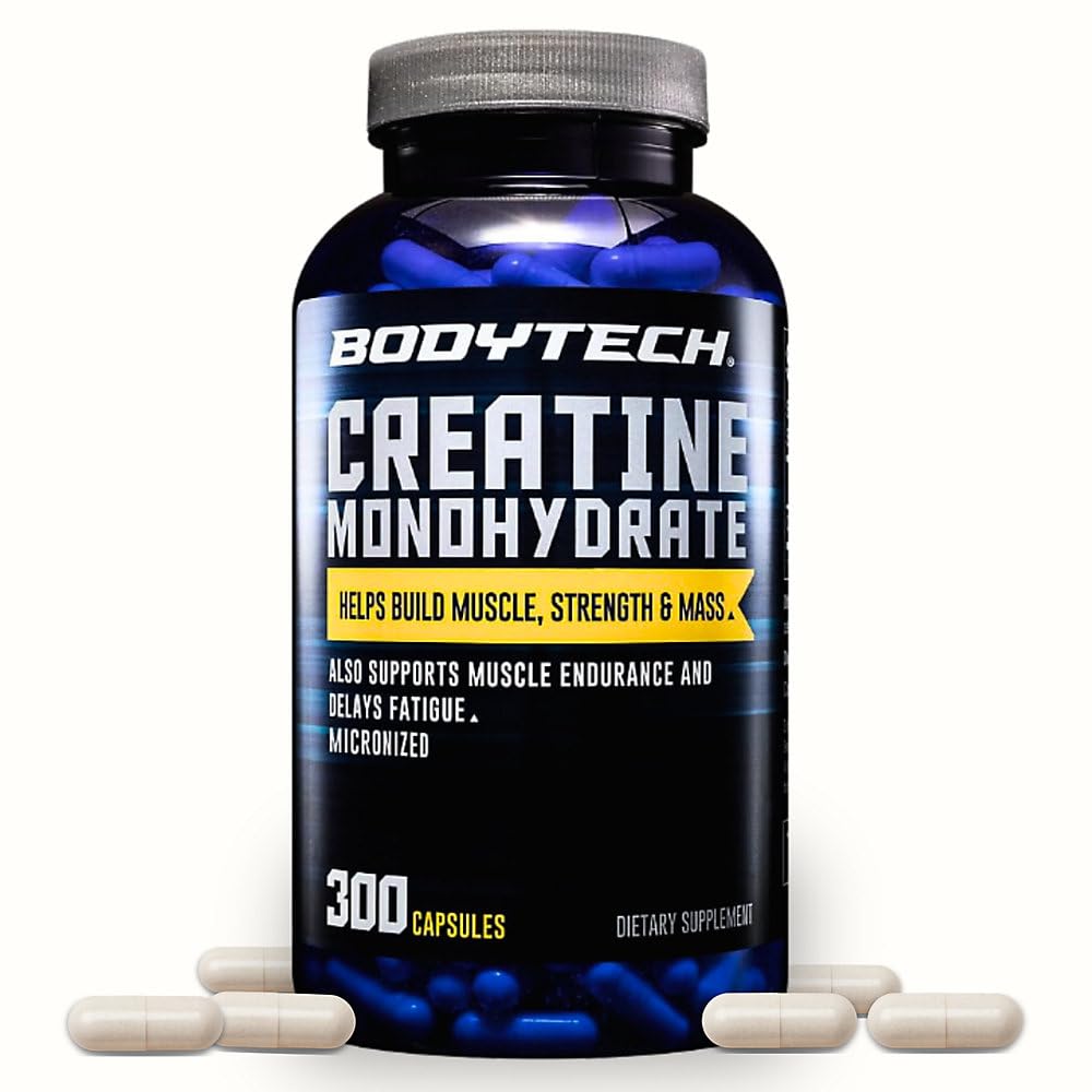 BODYTECH Capsules monohydratées de créatine a Micronised a Supporte la force musculaire, la masse et l'endurance (300 Capsules)