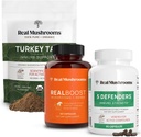 Real Mushrooms RealBoost (60ct), 5 Defenders (90ct) & Turkey Tail Mushroom Powder & Capsules Bundle - Mushroom Supplement per energia, Vitality & Immune Strength - Vegan, Non-OGM