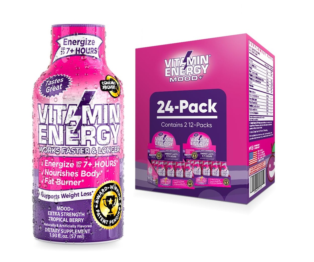 Vitamin Energy Mood+ Energy Shot – Tropical Berry – 100% DV B-Vitamine & 260mg Pflanzenbasierte Koffein – Zero Calories, Sugar-Free, Vegan, Non-GMO – Mood & Energy Support – 1.93 fl oz, 24-Pack