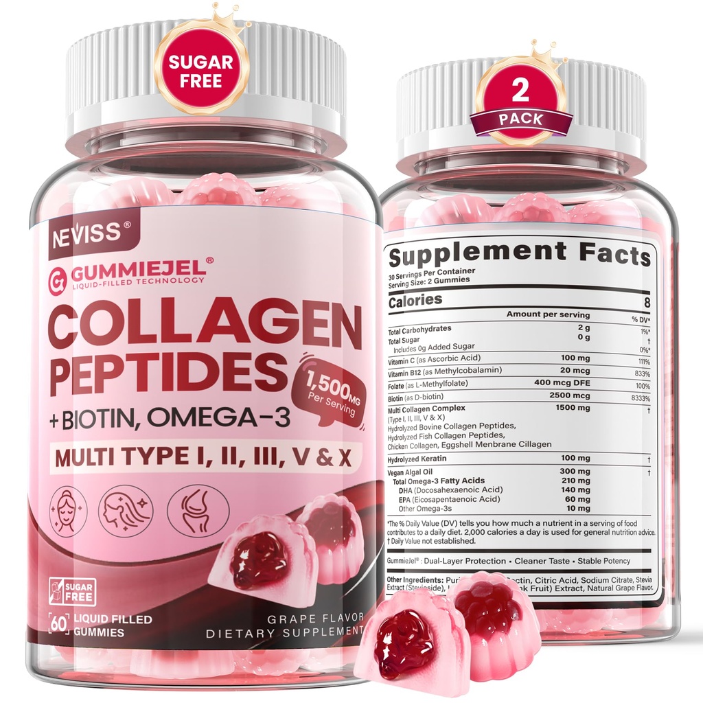 Peptides de collagène hydrolysés, Gommies marines pour femmes hommes, Multi collagène type I II III V & X pour la croissance des cheveux, ongles de peau sains - Collagène Gommy avec/Vitamines de l'air Biotine Keratine et vitamine D3, 120Cts