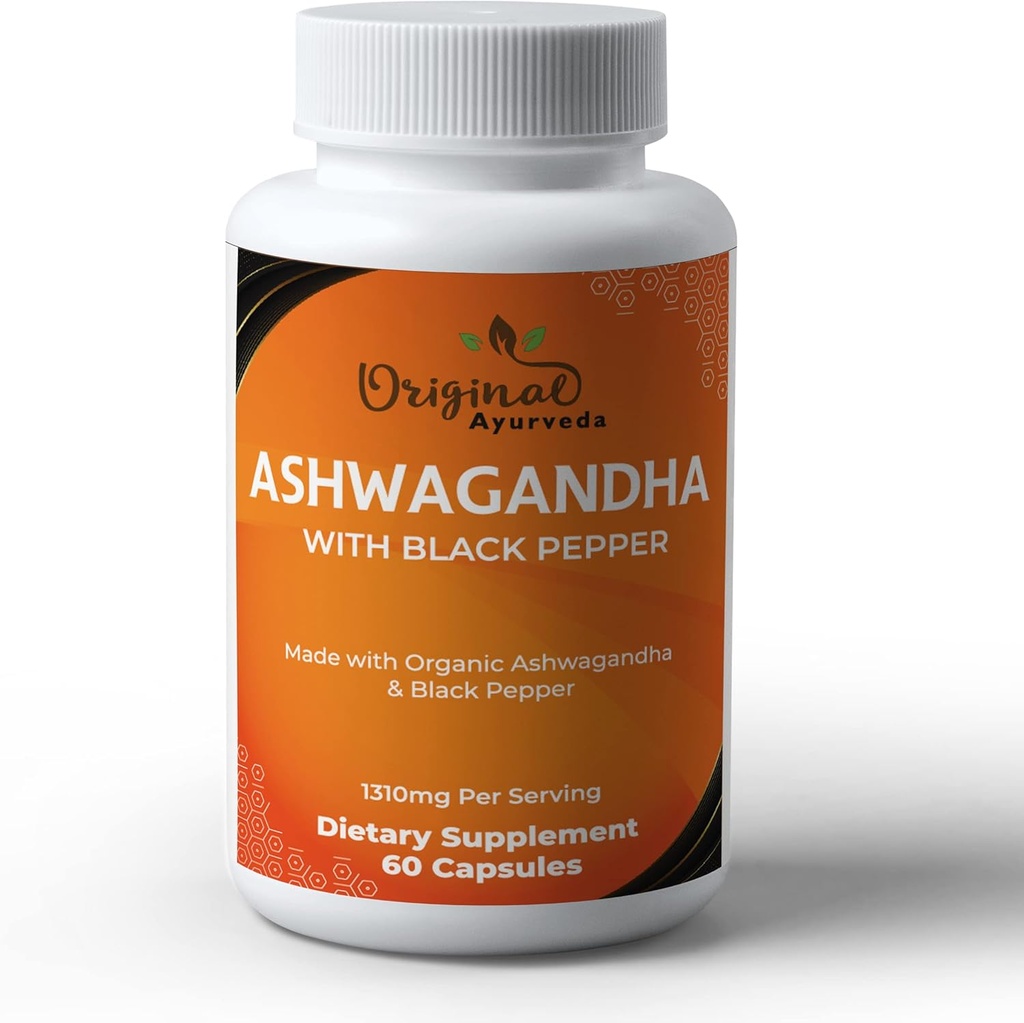 Ashwagandha biologique certifié avec supplément de poivre noir biologique - 1310mg - Non-OGM, sans gluten - 3e laboratoire de fête testé