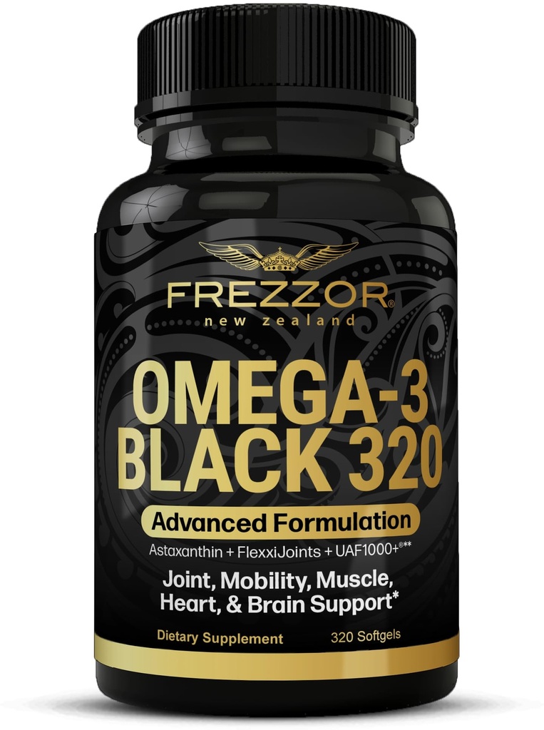 FREZZOR Omega 3 Schwarz - Green Lipped Mussel Öl Kapseln, Made in Neuseeland, UAF1000+, Joint Care & Relief, Heart & Immune Support, No Fishy Nachgeschmack, 320 Count (Pack von 1)