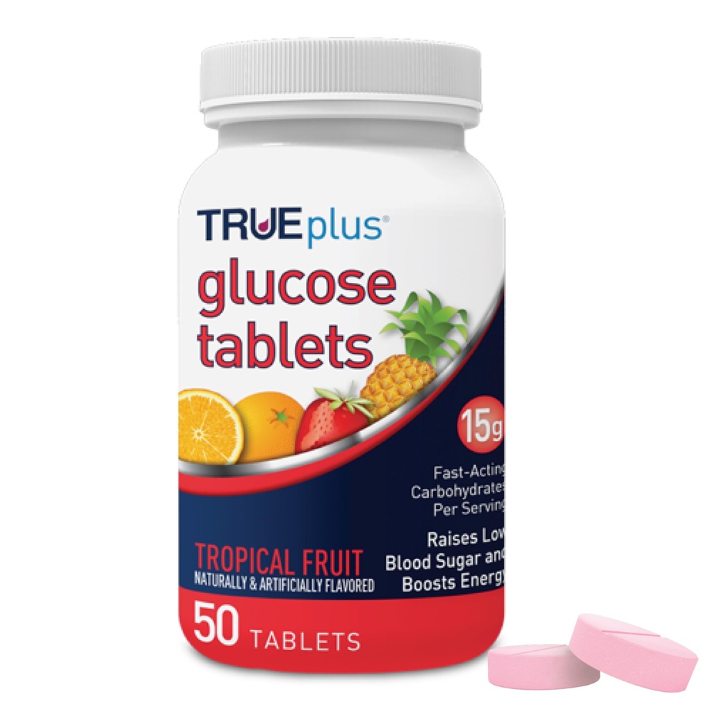 TRUEplus® Glucose Tabletten, Tropical Fruit Flavor - 50ct Bottle