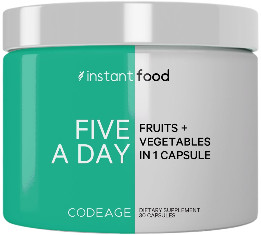 Codeage 5 Serve di Frutta & Veggies Equivalente in 1 Capsula Singola - Intera Cibo Instantfood con 15 Verdi & Frutta in All-in-One Pillola, Mangiare Verdura - Vegan Vitamins Supplement - Non-GMO - 30 ct
