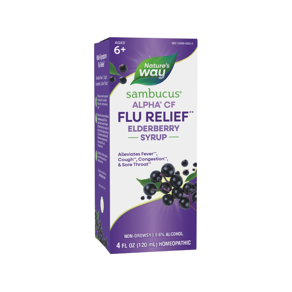 La via della natura Sambucus Alpha CF Flu Relief* Elderberry Syrup con Sambucus nigra 3X e Alpha CF, allevia i sintomi di influenza*, 4 Fl Oz (Packaging May Vary)