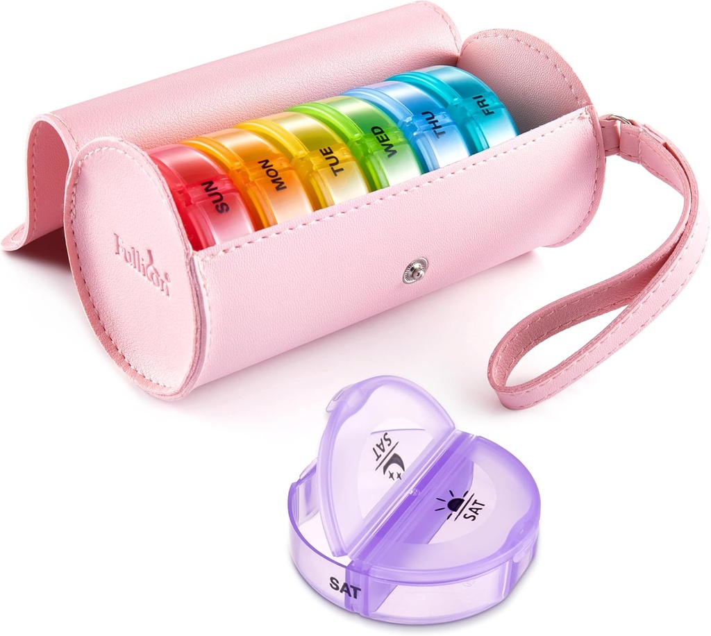 Fullicon PU Case Weekly Pill Box Organiser 2 volte al giorno, Travel 7 Day Pill Boxs, Portable Tablet Organiser for Medicine, Farmaco, Vitamina, Fish Oil Supplements (Pink/Rainbow)