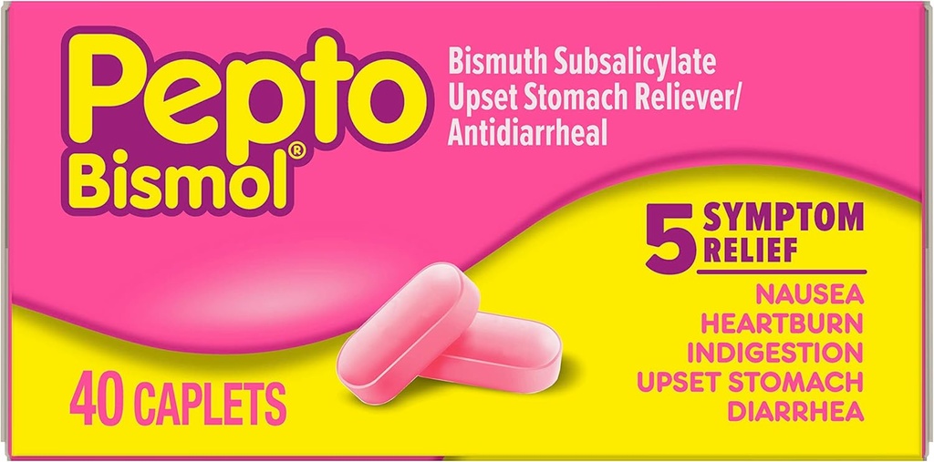 Pepto Bismol Caplets für Übelkeit, Sodbrennen, Verdauung, Upset Stomach und Durchfall, 5 Symptom Fast Relief in einer bequemen Form, 40 ct
