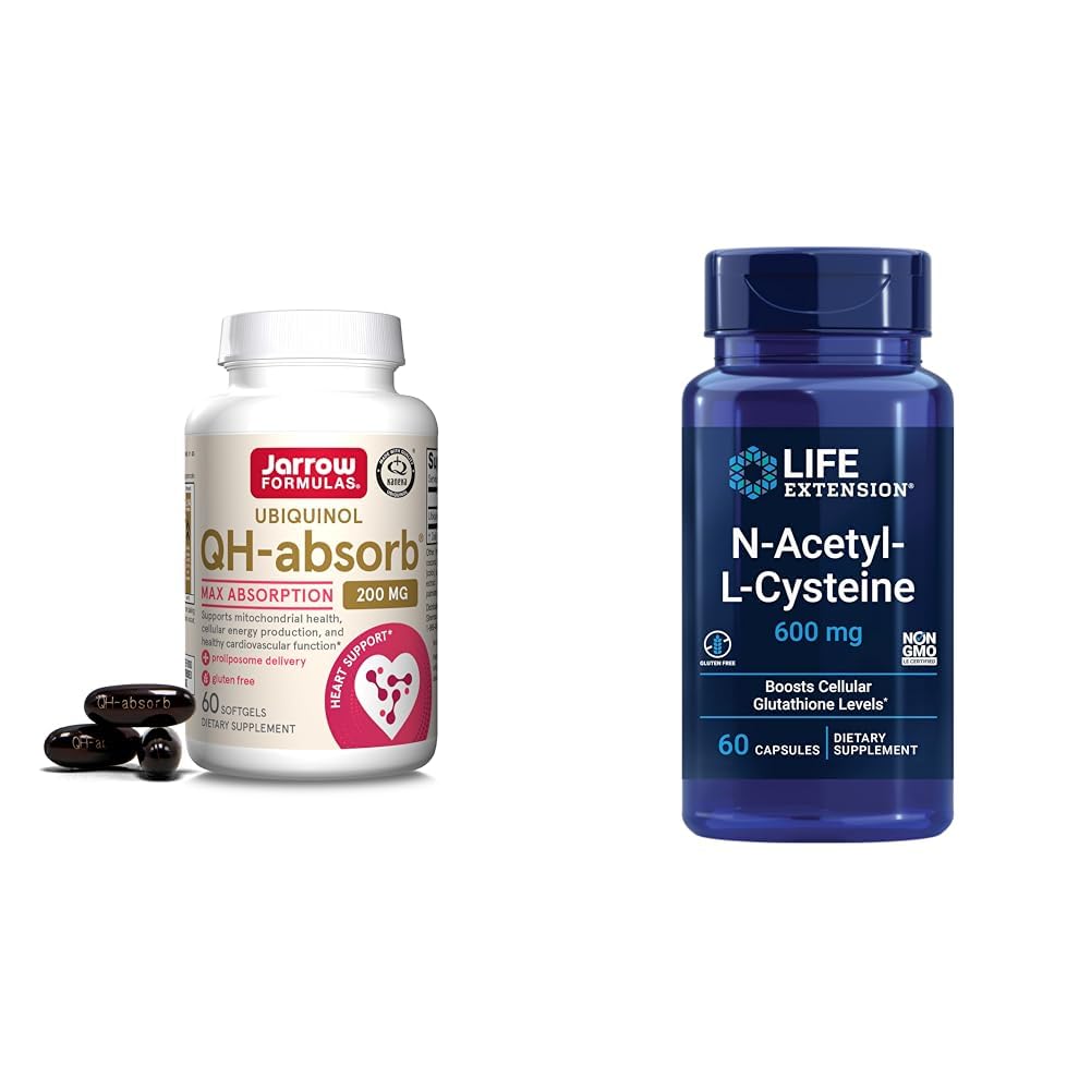 Formules de Jarrow QH-Absorb 200 mg - Co-Q10 à absorption élevée - Forme antioxydante active de la co-Q10 et extension de la durée de vie N-acétyl-L-Cysteine (NAC), Immune, respiratoire, santé du foie, NAC 600 mg