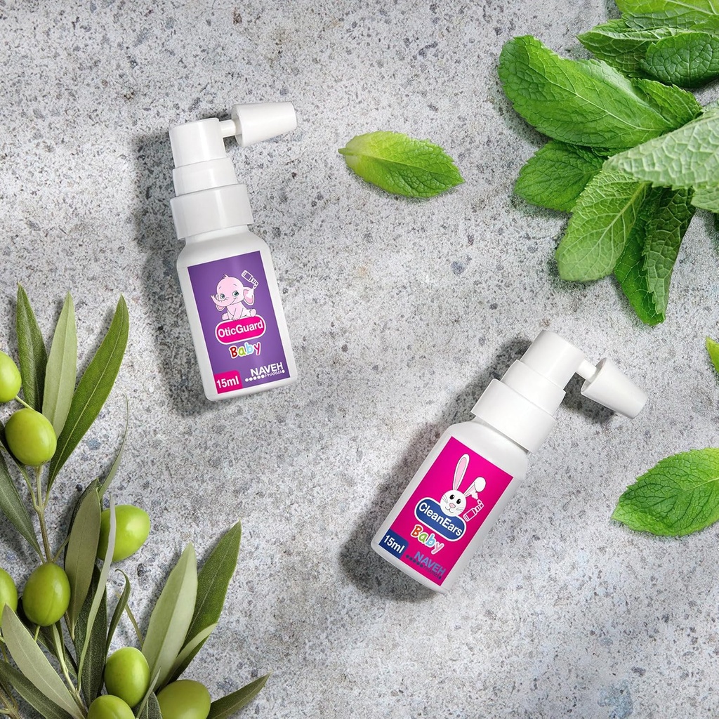 1 unité Naveh Pharma CleanEars Vaporisateur d'enlèvement de la cire d'oreille pour bébé 0,5 Fl Oz + 1 unité de NAVEH PHARMA Otic Guard Vaporisateur d'infection à l'oreille pour bébé 0,5 Fl Oz