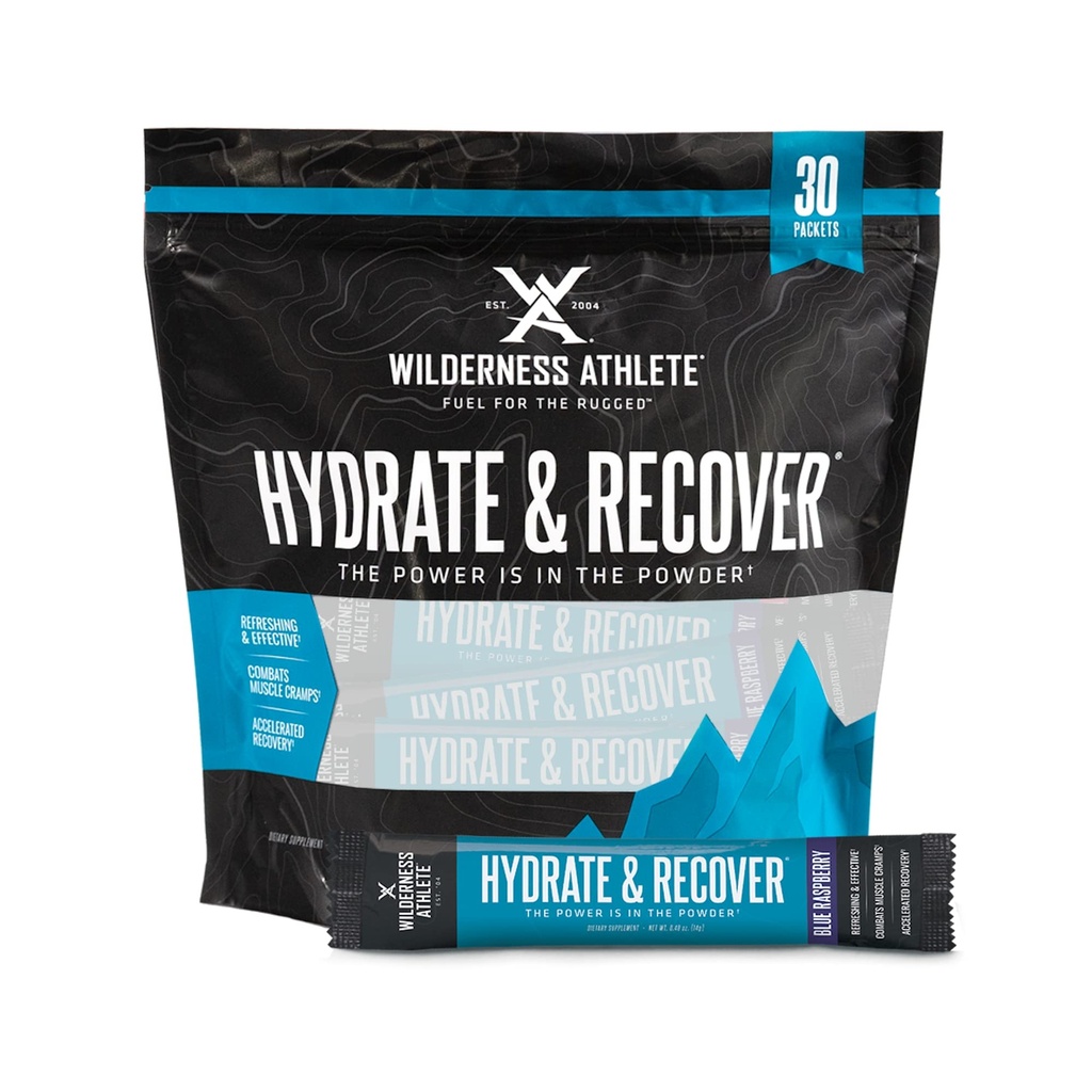 Wilderness Athlete - Hydrate & Recover | Flüssigkeits Hydration Packets Elektrolyt-Getränk-Mix - Recover schneller mit Bcaas - 30 Single Servieren Hydrate Packets (Blauer Himbeer)