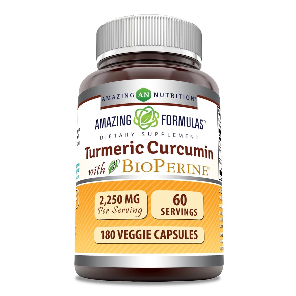 Incredibile formula curcuma currica con Bioperine Supplemento | 2250 Mg per Serving | Capsule Veggie | Non-GMO | Gluten-Free | Made in USA (1 Confezione, 180 Conte)