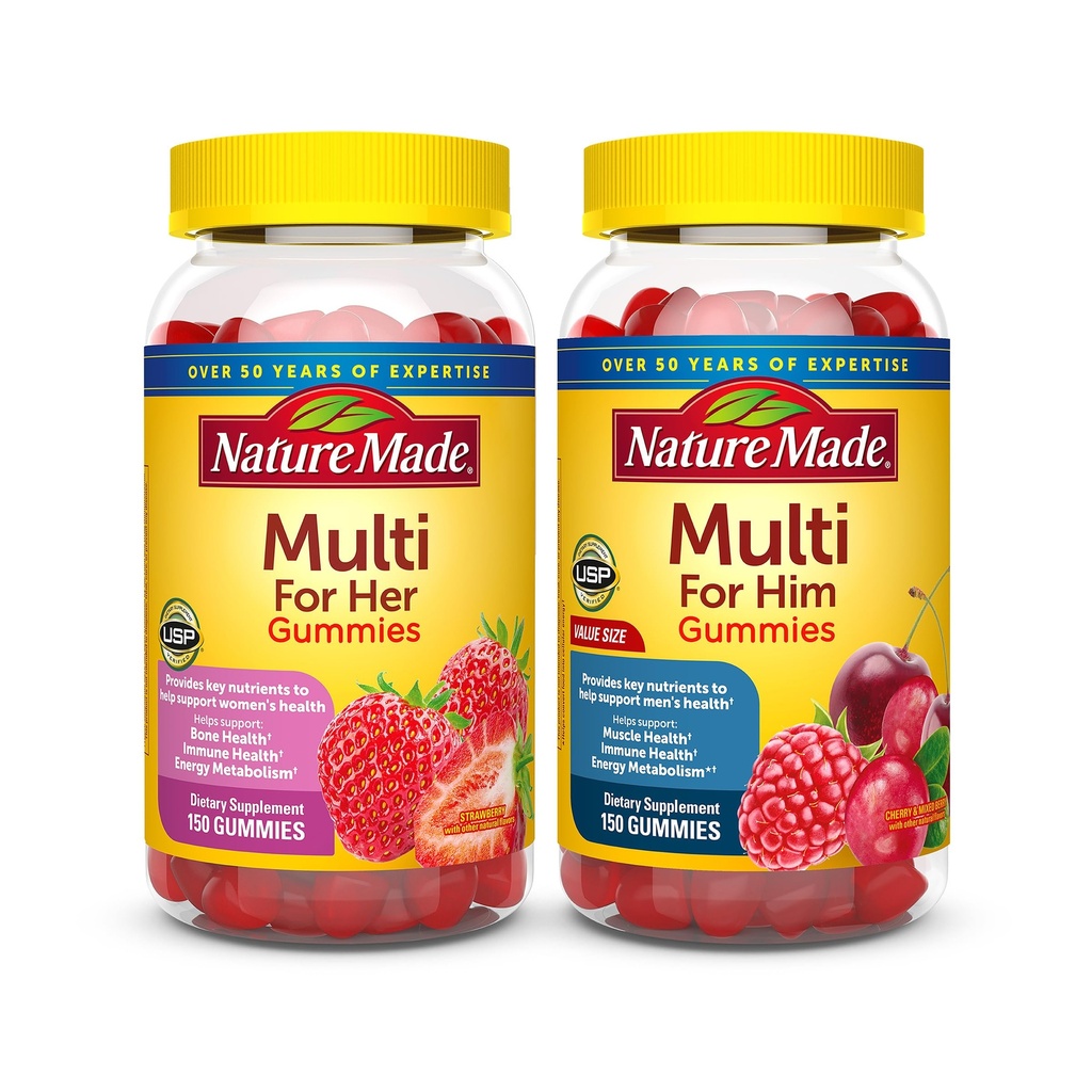 Natur Made Multivitamin Gummis Combo Pack für ihn & sie, Tasty Men & Womens Multivitamin mit Vitamin C, Vitamin D3, B Vitamine, Zink &amp; Mehr, Zwei Multivitamin Flaschen