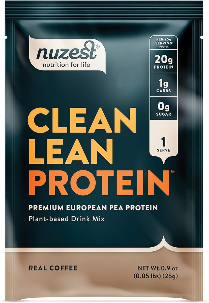 Nuzest - Poudre de protéines de pois - Protéines propres, Poudre de protéines à base de plantes végétales premium, Sans lait, Sans gluten, Sans OGM, Agit protéinique naturellement sucré, Café réel, 1 portion, 0,9 oz