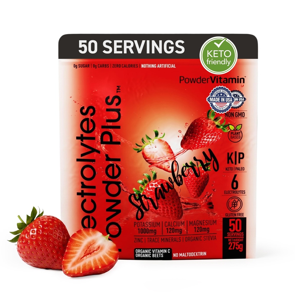 PoudreVitamine Electrolytes Poudre Plus Keto, Fraise (50 portions) 0 Sucre, Non Maltodextrine,1000mg Potassium,120mg Calcium,120mg Magnésium,Vitamine biologique C,Calories de zéro, Poudre d'hydratation énergétique