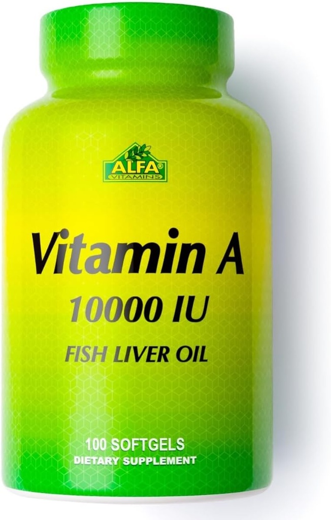 ALFA VITAMINS - Vitamina A - Fish Liver Oil 10.000 IU - Supplemento giornaliero dietetico Aiuta Supporti Vision, Skin e Immune System - 100 Softgels