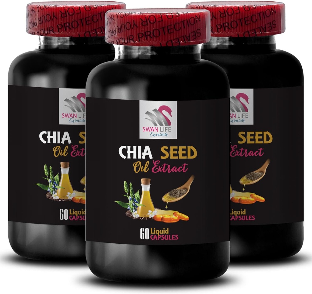 Pflanzenbasiertes Öl - CHIA SEED OIL EXTRACT - Hydrating Öl, Rich Textur, Haarpflege, Glossy Finish, Natürlicher Glanz, Chia Vorteile, Leichte Textur, Reine Hydratation, Körperöl, Glow Oil 3 Flasche 180 Caps