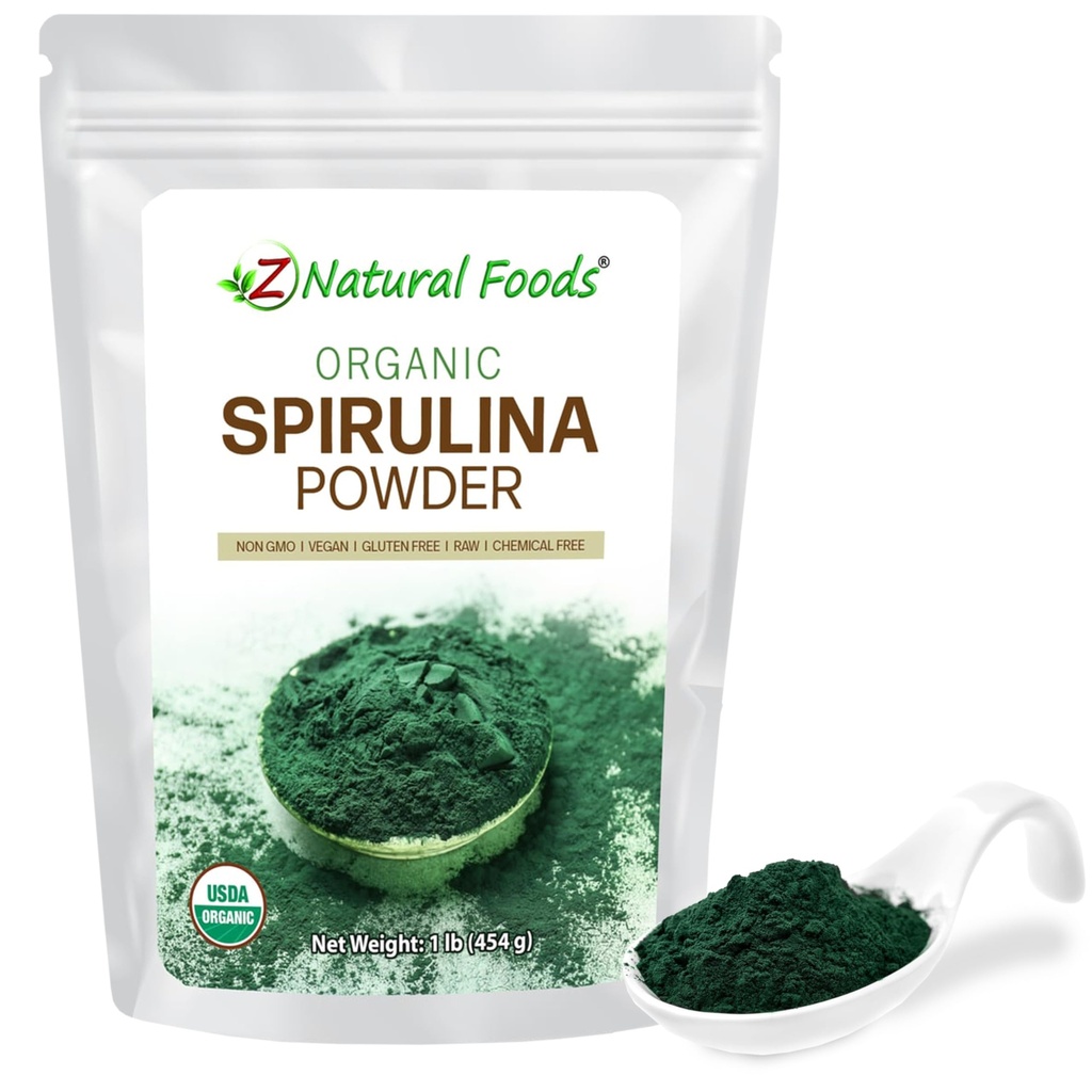 Z Natural Foods Organic Spirulina Pulver - 100% reine Spirulina, nährstoffreiche blau-grüne Algen Superfood mit Aminosäuren, 15x Beta-Carotin - Mix in Smoothies, Joghurt, Rezepte, 1 lb