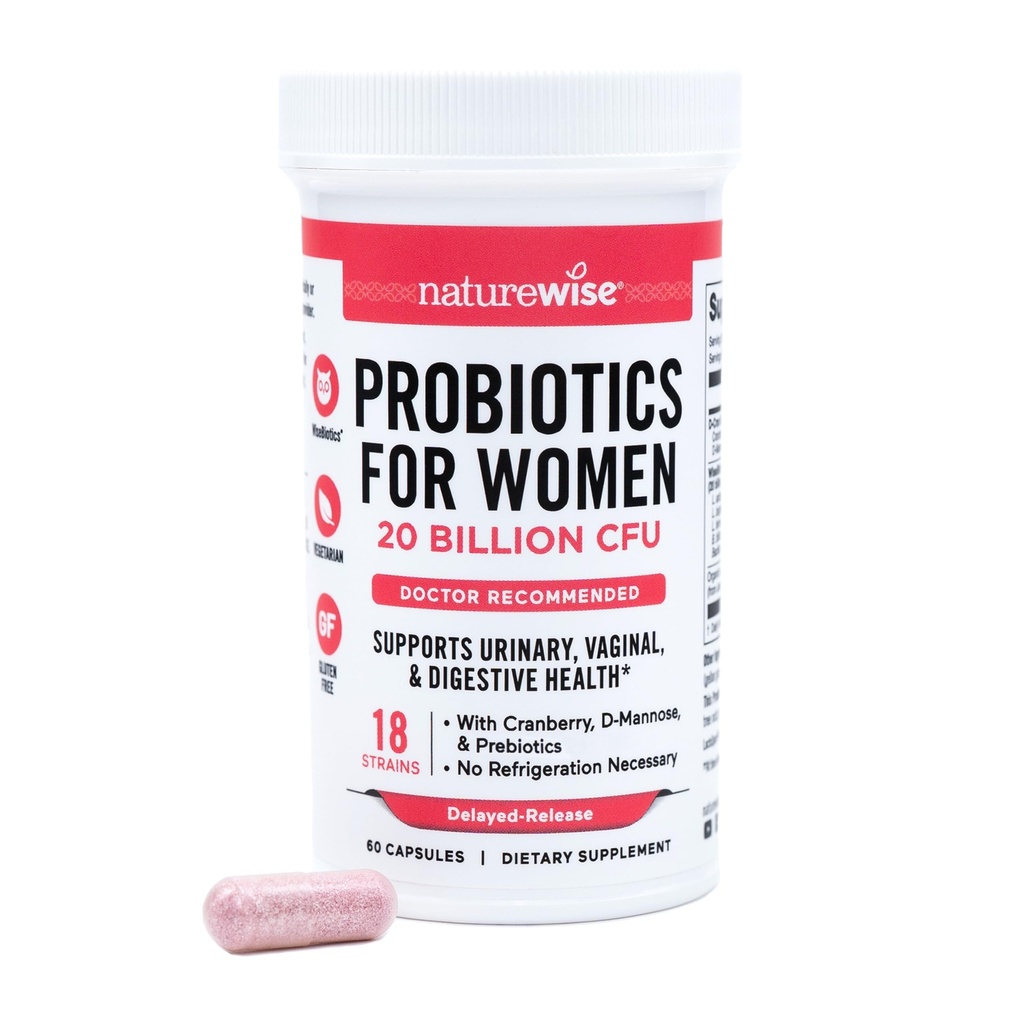 Probiotici NatureWise per le donne + Prebiotici Organici D-Mannose & Cranberry - Probiotici vaginali per PH Balance, Tratto Digestivo & urinario - 18 Strains, 20 miliardi di CFU - 60 capsule[60-Day Supply]