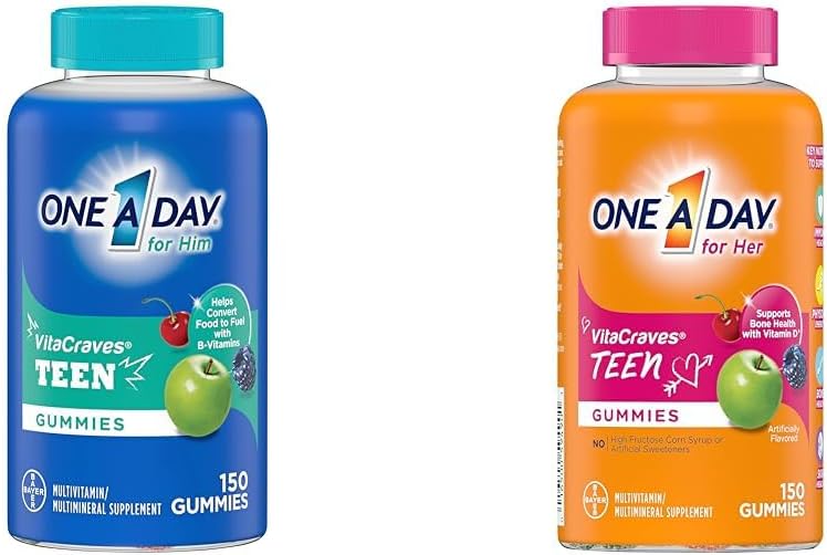 ONE A DAY Teen für ihn Multivitamin Gummis & Teen für ihre Multivitamin Gummis, Gummy Multivitamine mit Vitamin A, C, D, E und Zink für Immun-Gesundheitsunterstützung, Physikalische Energie &amp; mehr, 150 Zähler