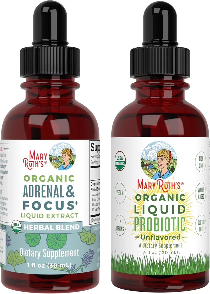 MaryRuth Organics Probiotic Supplemento per Donne Uomo Bambini & Adrenal Health & Focus Supplemento, 2-Pack Bundle, Digestivo & Gut Health, Cortisol Health, Stress Relief, Focus Nootropic Brain Supplement