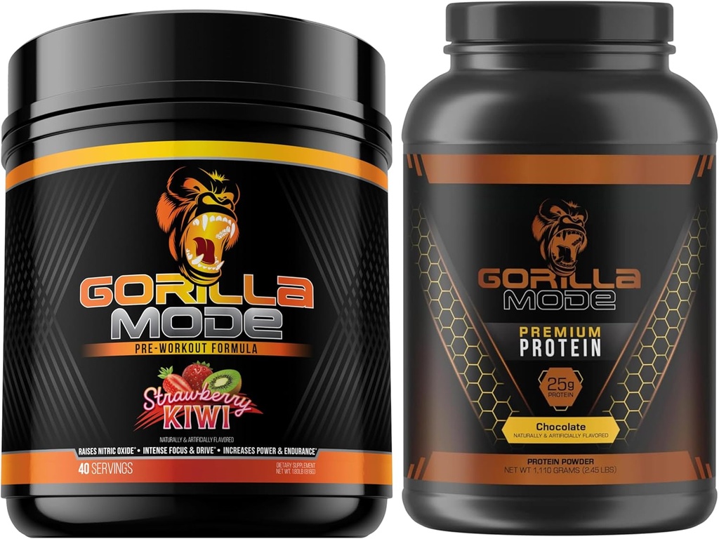 Gorilla Mind Pre Workout (Strawberry Kiwi) + Premium Whey Protein (Chocolate) - Comprehensive Stack for Fueling Maximum Results