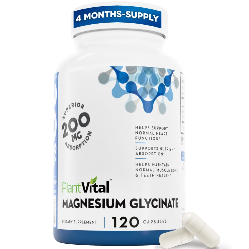 PlantVital Magnésium Glycinat 200mg 120 Capsules - Haute Absorption, Non-OGM, Vegan, Sans gluten - Soutient le sommeil normal, la fonction musculaire et nerveuse, le coeur normal et la santé des os, Aide Se sentir calme et se détendre