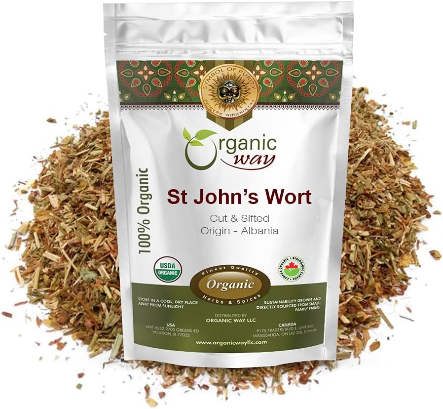 Organic Way St. John's Wort Cut & Sifted (Hypericum perforatum) - Kräutertee | European Wild-Harvest | Organic, Kosher & USDA Zertifiziert | Vegan, Non GMO & Gluten Free | Origin - Albanien (8 Oz)
