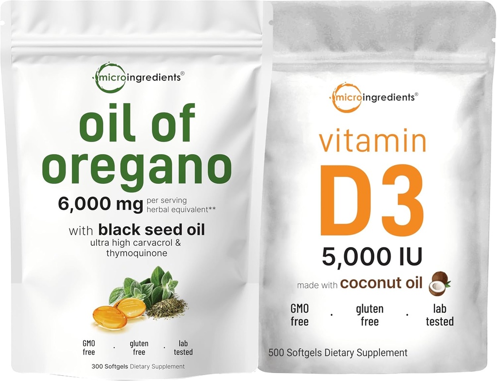 Micro Ingredients Öl von Oregano Softgels 6,000mg pro Servieren & Vitamin D3 5.000 IU Bundle Pack | 4X Strength Carvacrol & Thymoquinon | Vitamin D als Cholecalciferol