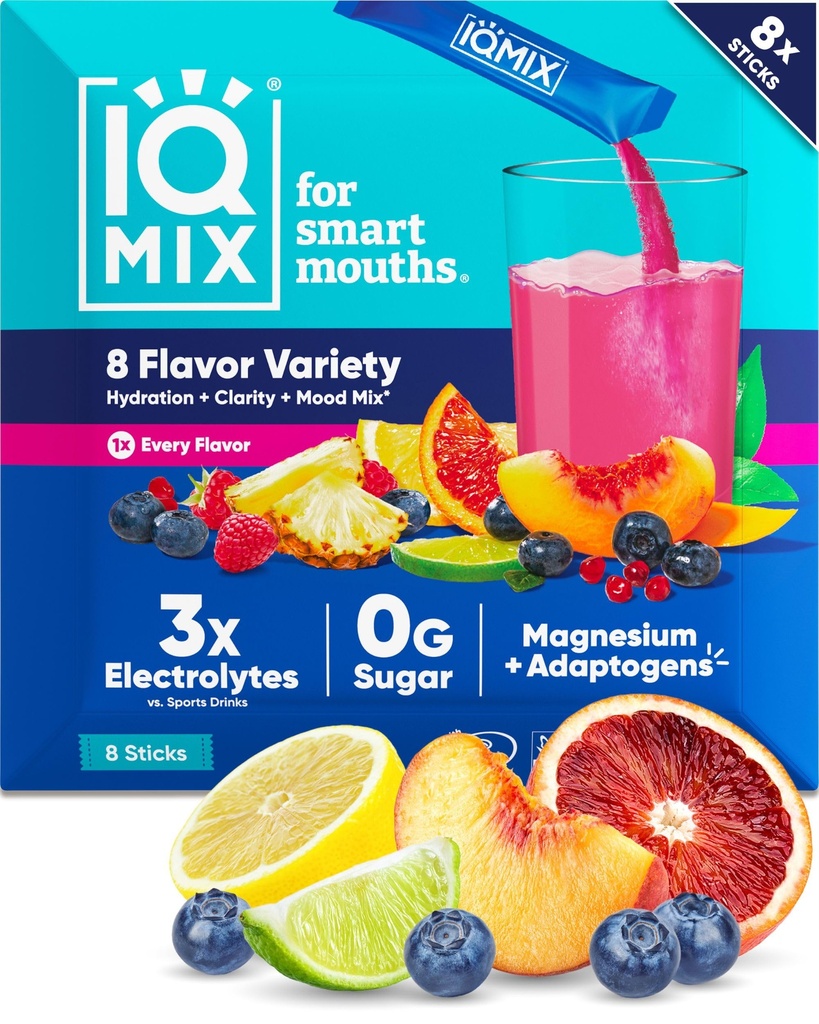 IQMIX Hydration Elektrolyt Pulver - 4-in-1 Formel für Hydration, Psychische Klarheit, Mood & Recovery - Sugar-Free, Keto Drink Mix mit Magnesium L-Threonate & Lion's Mane - 8-Count Sampler (Alle Geschmacksrichtungen)