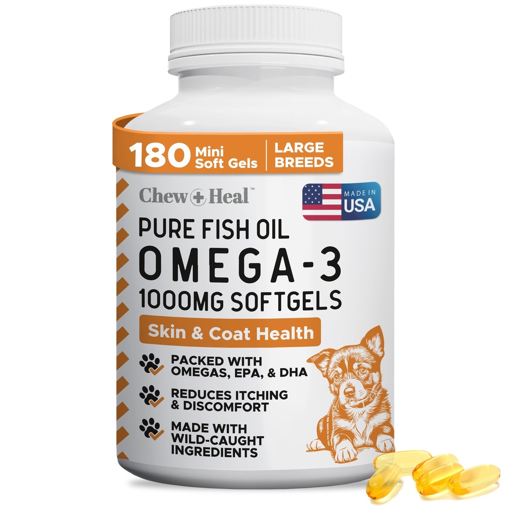 Wild Caught Omega 3 Fischöl für Hunde - 180 Softgel Kapseln für Gesunde Haut und Mantel - Große 1000 mg Hunde Fisch Öl Pillen für Shedding, Trockene Juckreiz Skin, und Hot Spots - Pet Omega Lachsergänzung