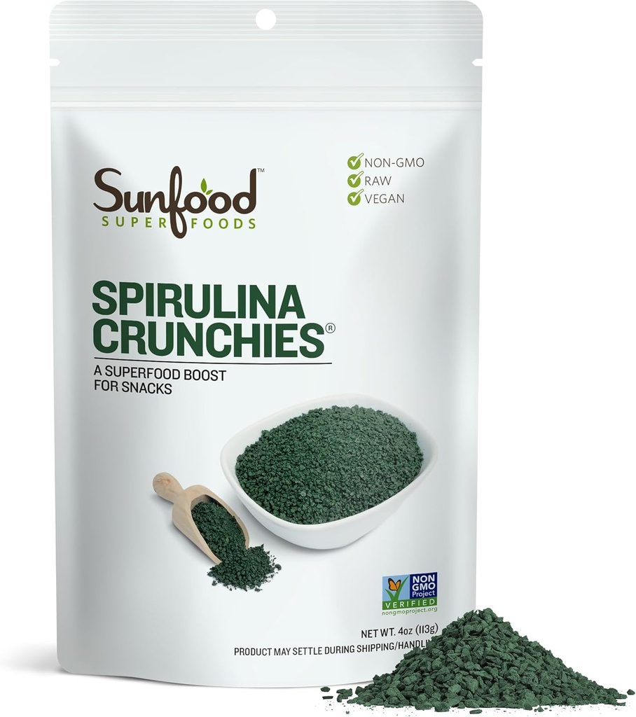 Superfoods Spirulina Crunchies - Blue Green Algae, Spirulina Tablets, Clorophyll Energy Bits from Dried Powder, Raw Vegan Algae Supplement, Non-GMO - 4 oz Bag