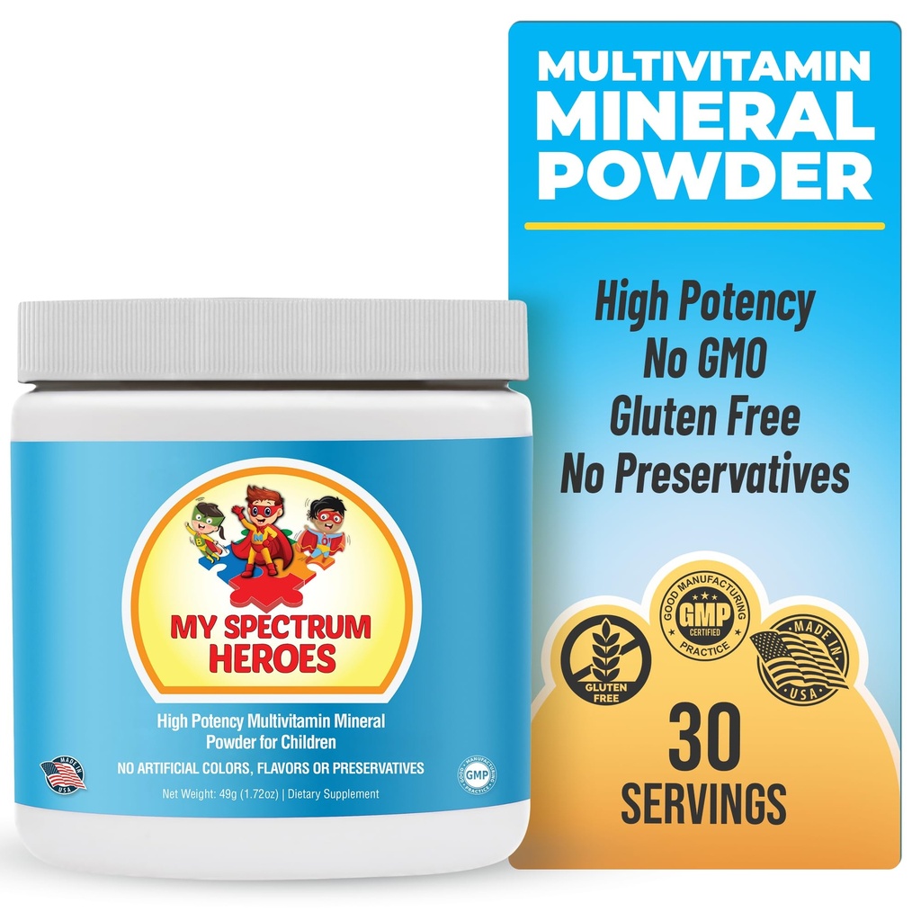 My Spectrum Heroes Kids Powder Multivitamin - Pulver-Ergänzung, Bessere Absorption, Nicht-GVO, Nicht-Gluten, keine künstlichen Zutaten - Neurale Hilfe für Kinder auf dem Spektrum - 30 Servietten