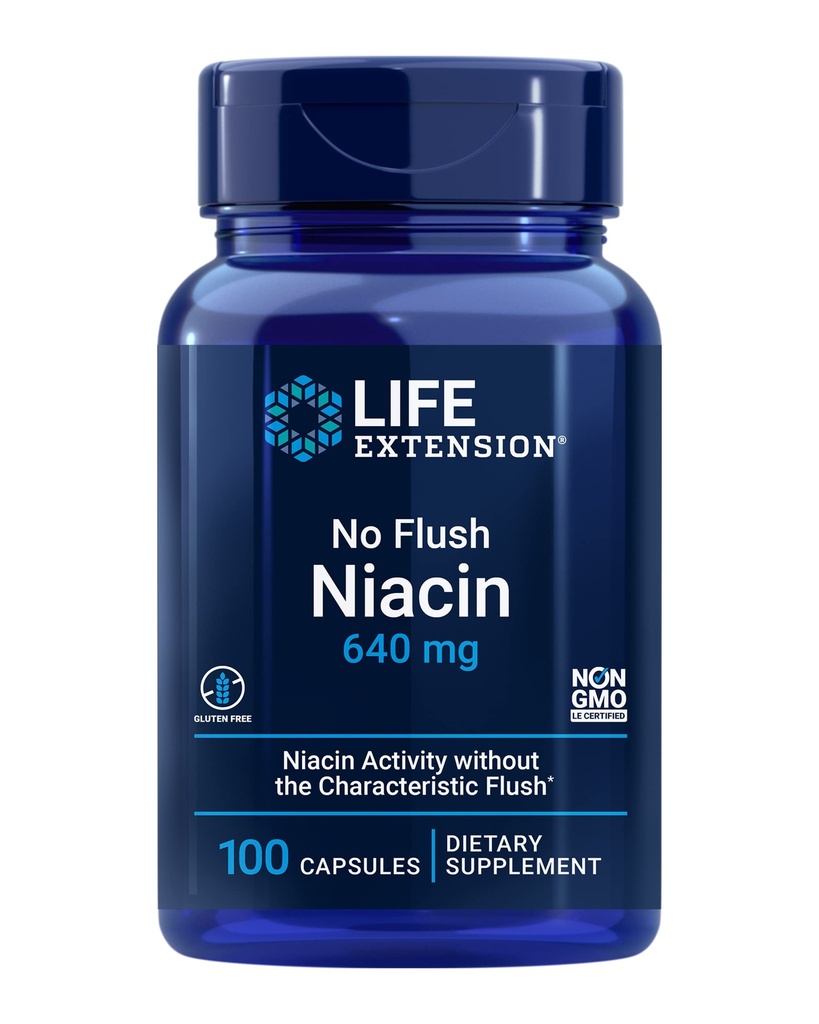 Life Extension No Flush Niacin, B3 for Heart Health, Cholesterol & Energy Support, Non-GMO, Gluten-Free, 100 Kapseln