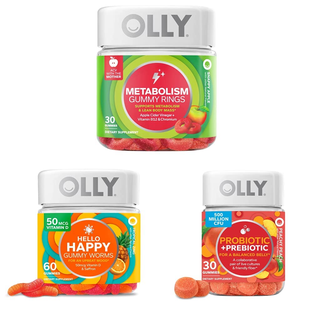 Métabolisme OLLY Anneaux gommy, vinaigre de cidre de pomme, vitamine B12, chrome, énergie et santé digestive, supplément à croquer, goût à la pomme - 30 comtes et OLLY Bonjour Happy Gummy Worms, Mood Balance Support, vitamine D, safran, supplément à croquer pour adultes, Zing tropical - 60 comtes