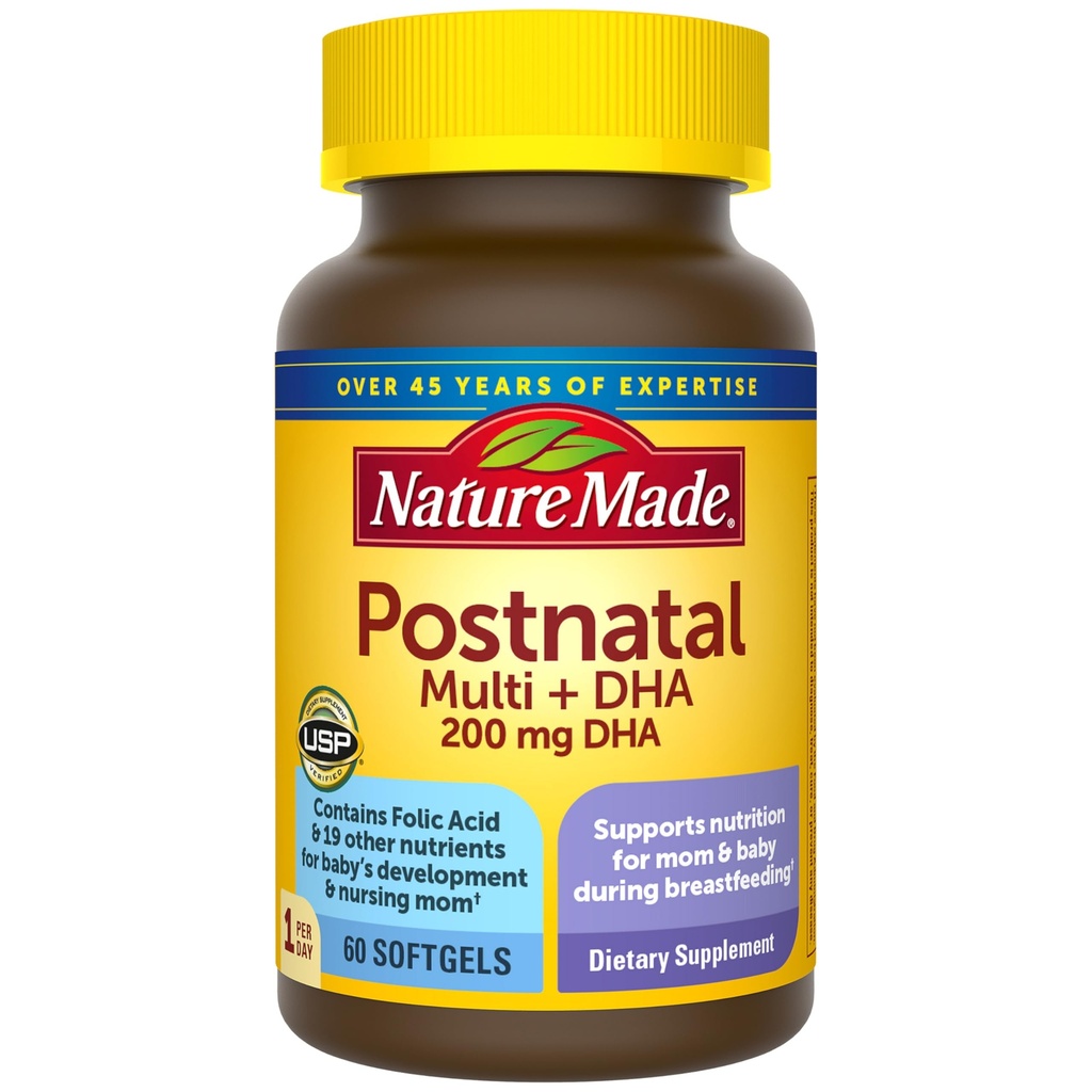 Multivitamina postnatale + DHA 200 mg, Vitamine postnatali per l'allattamento mamme e bambini, Vitamine e nutrienti includono ferro, vitamina D3, calcio, iodio e altro, 60 Softgels