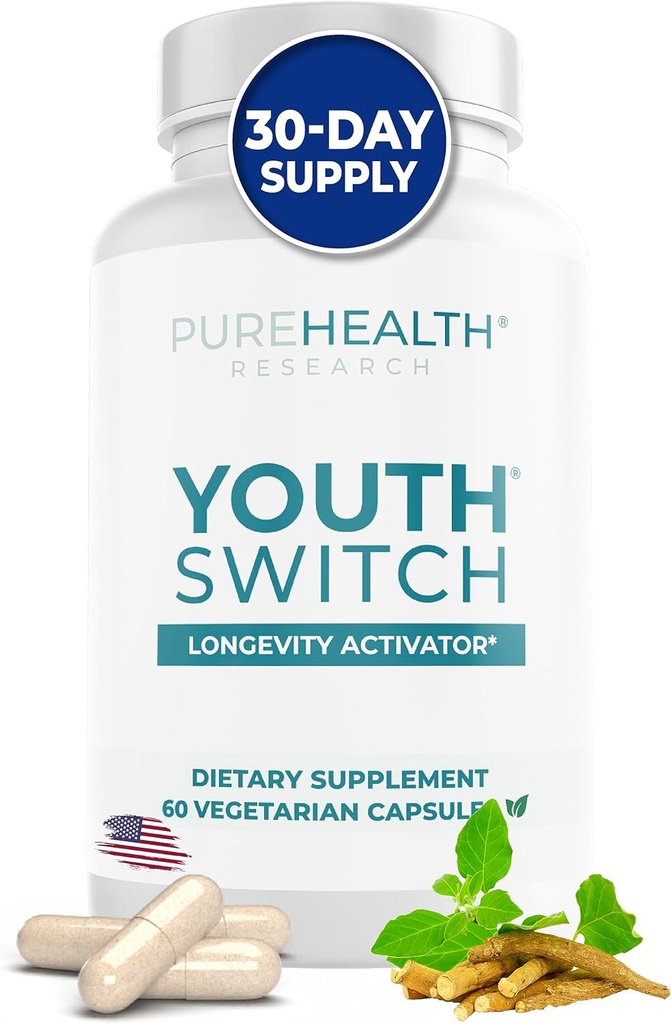 PUREHEALTH RESEARCH Youth Switch - Anti Aging Supplement con Ashwagandha Extract 600 mg KSM-66 - Longevity Activator - Supplementi Telomere - Disrupt & Reverse Aging, 1 bottiglia - 60 capsule