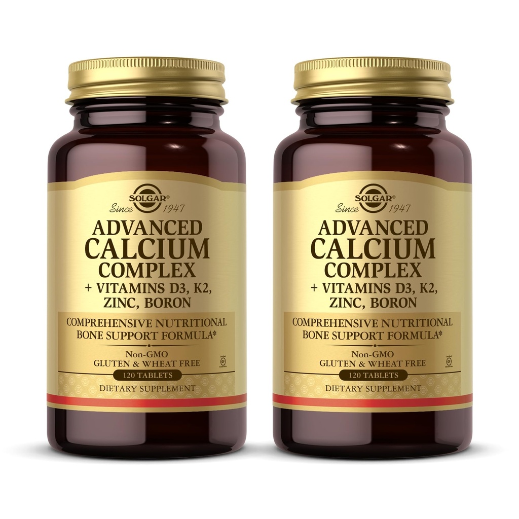 Complexe de calcium avancé de Solgar - 120 comprimés, boîte de 2 - avec zinc, bore, vitamines D3 et K2 - Non-OGM, sans gluten, sans produits laitiers - 60 portions totales